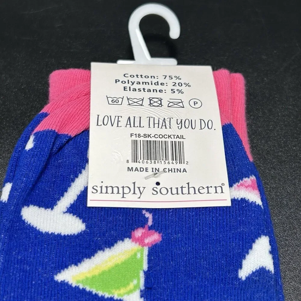 New Simply Southern Socks Womens 5-10 Blue Martini High Sock Pull On Preppy Sock